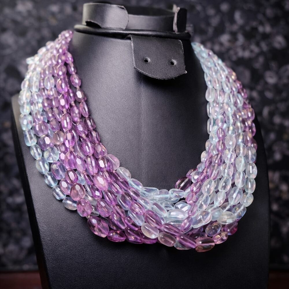 Vtg Amethyst Aquamarine Gemstone Necklace Purple Blue 14 Multistrand 16"